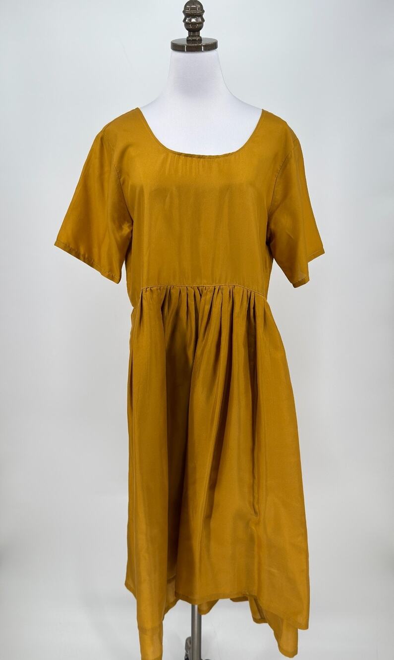 Harari Vintage Mustard Yellow Silk Short Sleeve Midi A Line Dress One Size
